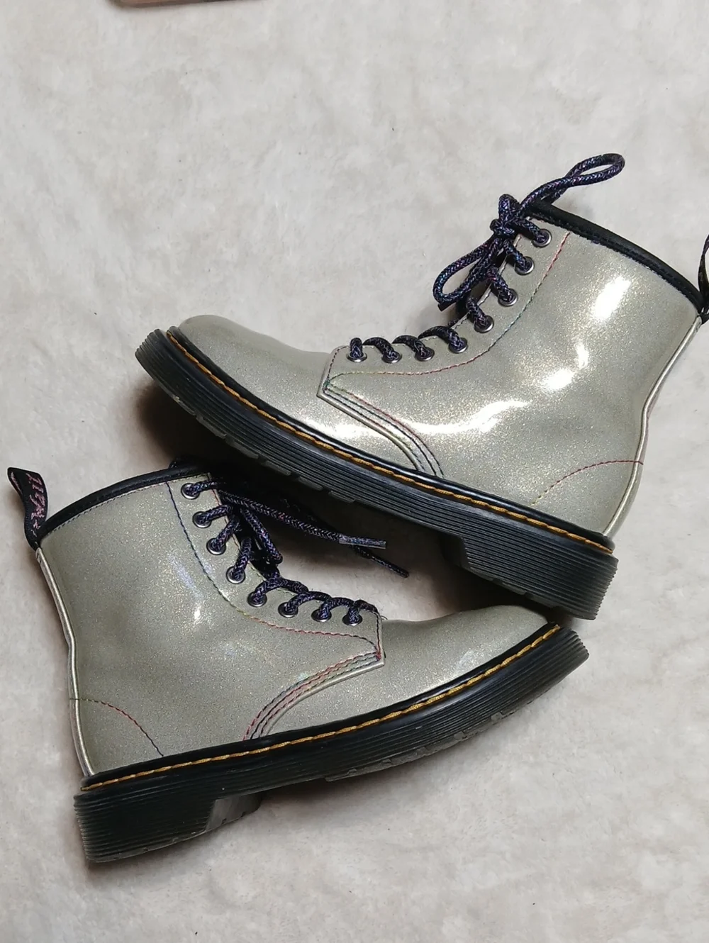 Dr. Martens Kids Iridescent Silver Combat Boots with Black Soles Size 12 Girl - Picture 1 of 8